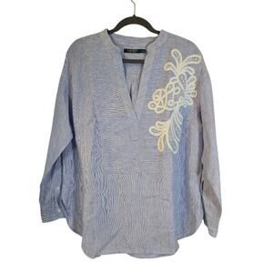 Lauren Ralph Lauren Linen Embroidered Top Women Size 1X Blue Preppy